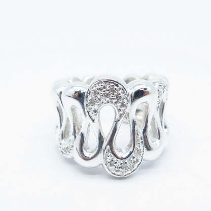 925 Sterling Silver Real White Diamond Wavy Adjustable Cuff Ring Size 7