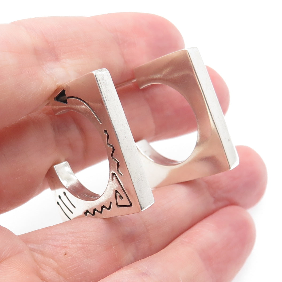 925 Sterling Silver Vintage Mexico Tribal Symbols Square Hoop Earrings
