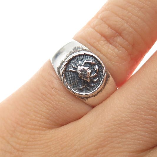 925 Sterling Silver Vintage Cancer Zodiac Sign Oxidized Signet Ring Size 4