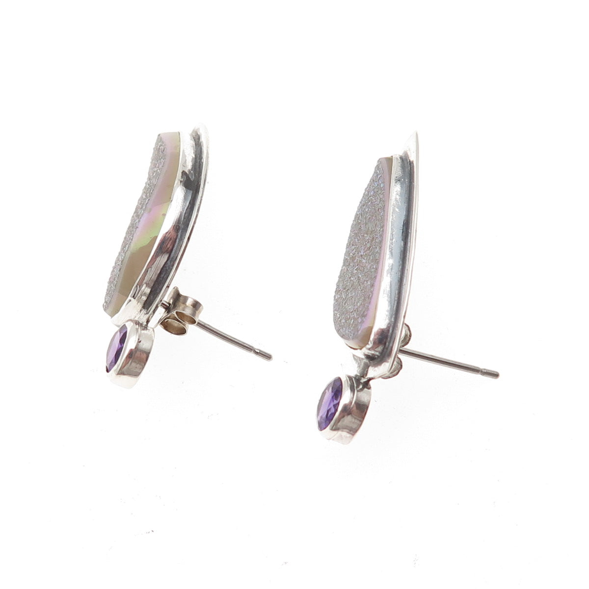 H & BJ Mackie 925 Sterling Silver Vintage Real Druzy Amethyst Modernist Earrings
