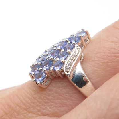 925 Sterling Silver Real Round-Cut Tanzanite & White Topaz Cluster Ring Size 7