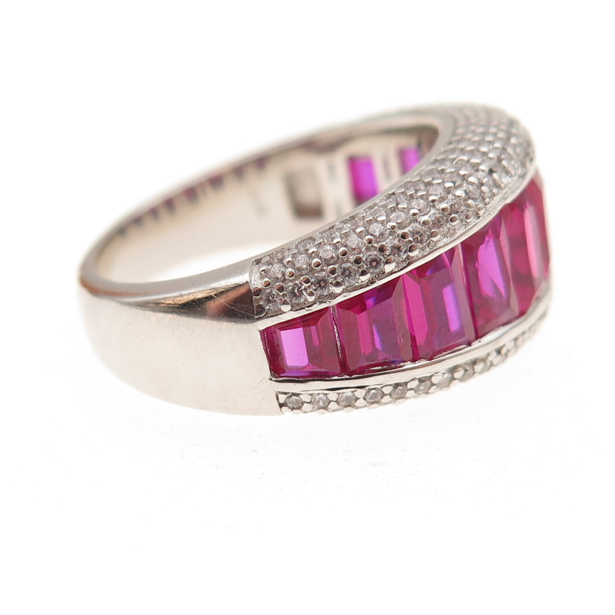 925 Sterling Silver Lab-Created Ruby & C Z Ring Size 8