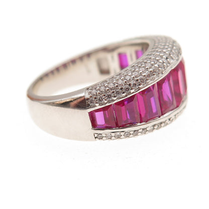 925 Sterling Silver Lab-Created Ruby & C Z Ring Size 8
