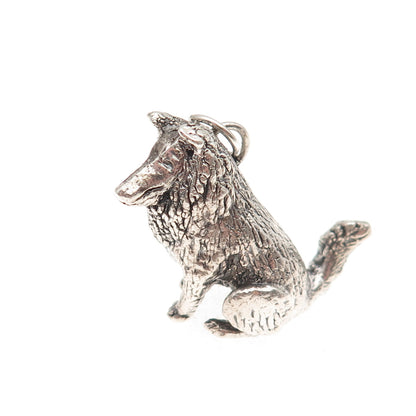 925 Sterling Silver Vintage Collie Dog Hollow Oxidized 3D Charm Pendant