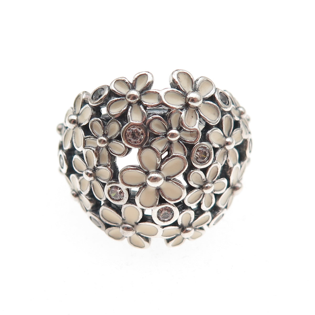 Pandora 925 Sterling Silver Enamel & C Z Darling Daisy Bouquet Ring Size 5.25