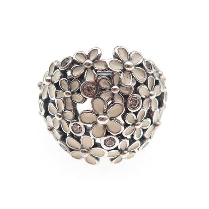 Pandora 925 Sterling Silver Enamel & C Z Darling Daisy Bouquet Ring Size 5.25