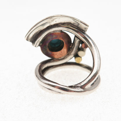 925 Sterling Silver 3-Tone Vintage Real Turquoise Modernist Eye Ring Size 6.75