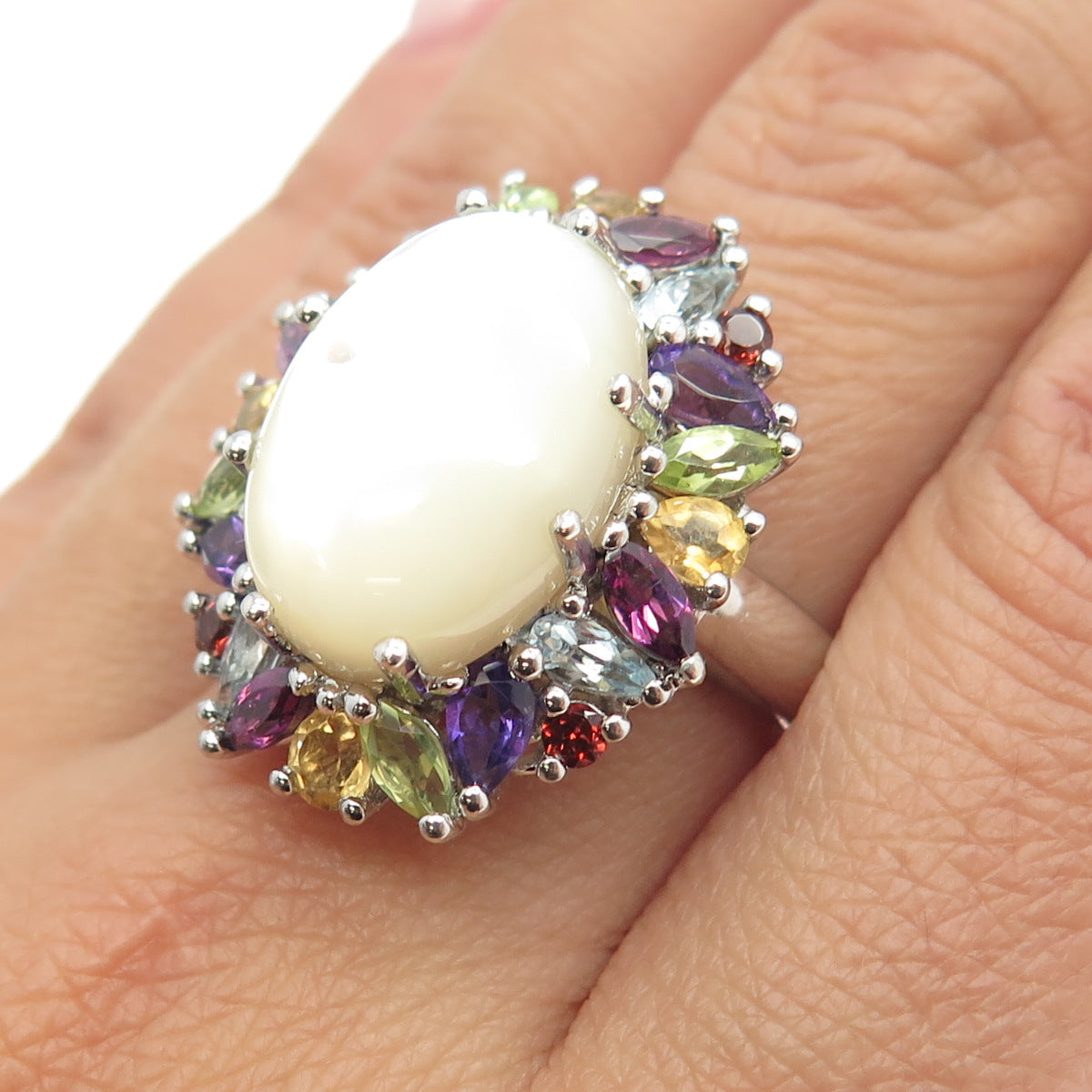 925 Sterling Silver MOP Amethyst Topaz Citrine Garnet Peridot Gem Ring Size 10