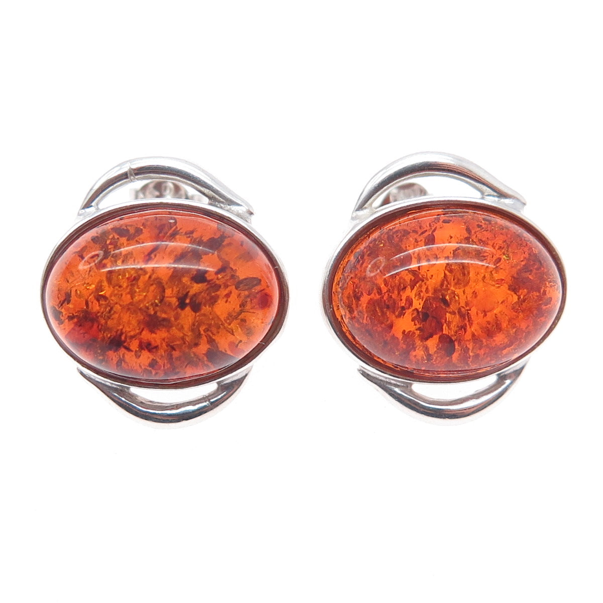 925 Sterling Silver Vintage Real Amber Modernist Earrings