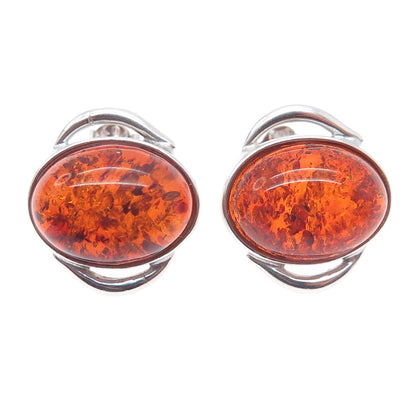 925 Sterling Silver Vintage Real Amber Modernist Earrings