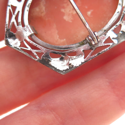 925 Sterling Silver Antique Art Deco Real MOP Carved Lady Cameo Pin Brooch