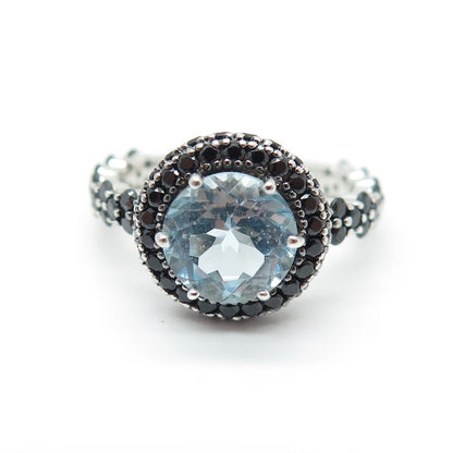 925 Sterling Silver Real Blue Topaz & Black Spinel Gemstone Ring Size 6