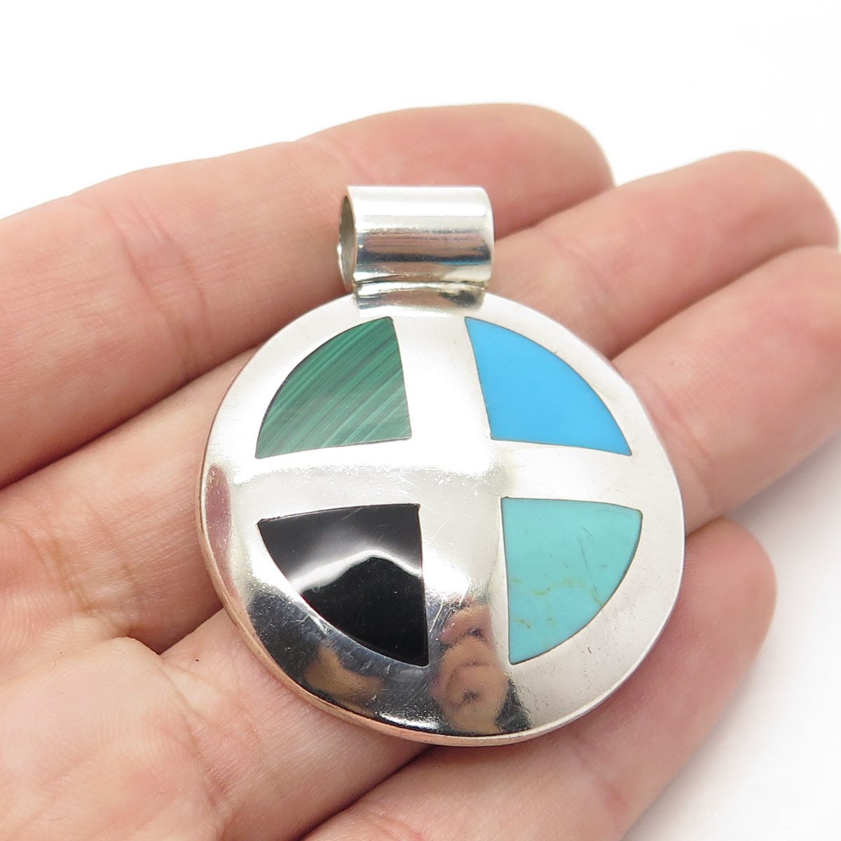 925 Sterling Silver Vintage Mexico Turquoise Malachite Black Onyx Round Pendant