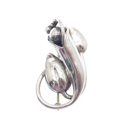 925 Sterling Silver Vintage Modernist Flower Oxidized Pin Brooch