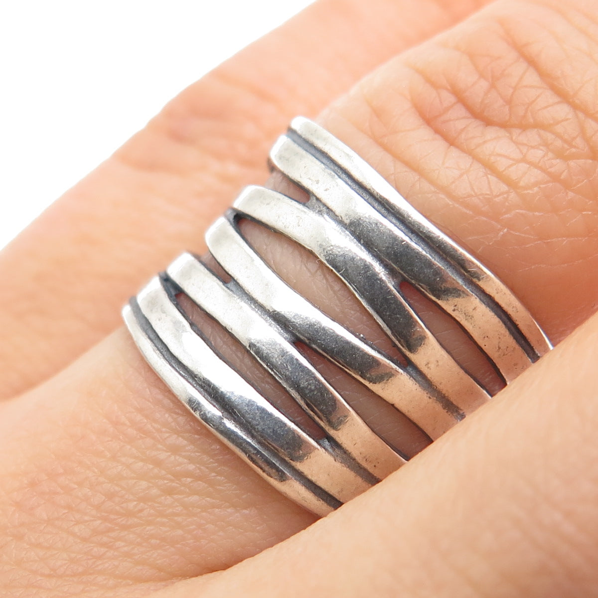 925 Sterling Silver Vintage Modernist 5-Wavy Row Oxidized Ring Size 7.25