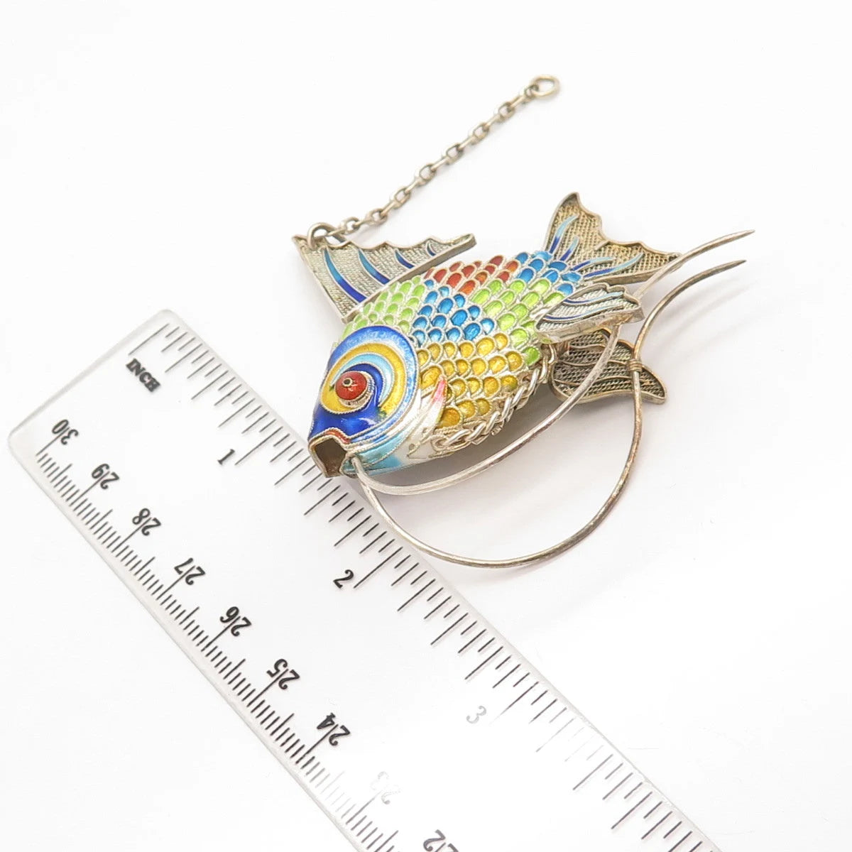 925 Sterling Silver Enamel Antique Chinese Koi Fish Articulated Fob / Pendant