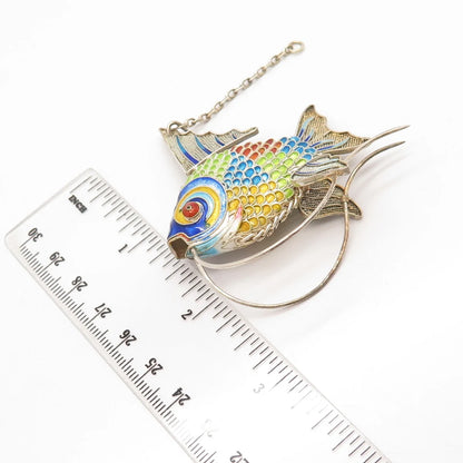 925 Sterling Silver Enamel Antique Chinese Koi Fish Articulated Fob / Pendant