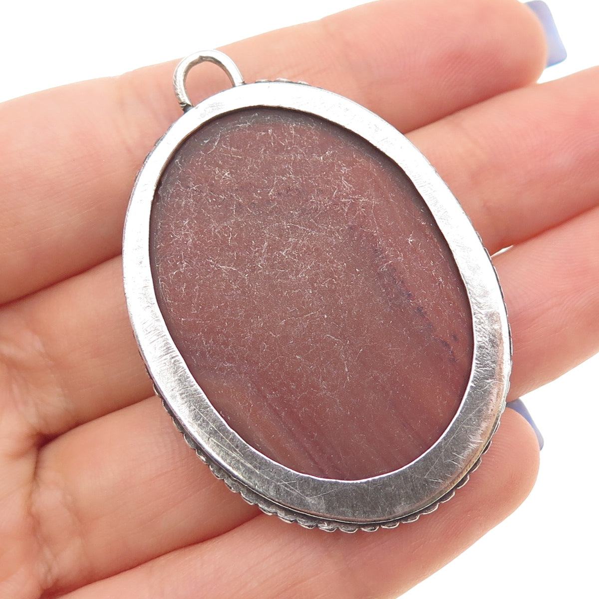 925 Sterling Silver Vintage Real Cabochon Agate Oxidized Pendant