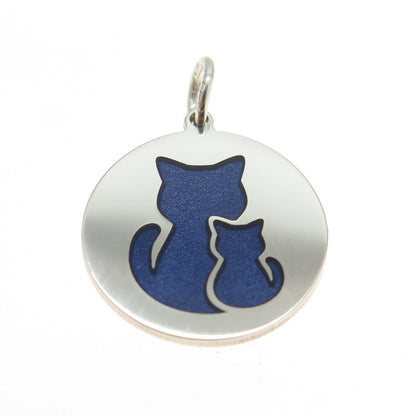 925 Sterling Silver Blue Enamel Mom & Child Cat Round Minimalist Charm Pendant