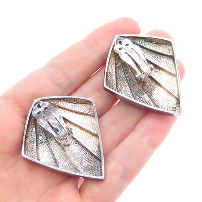 KRYPELL 925 Sterling Silver Vintage Modernist Floral Oxidized Clip On Earrings