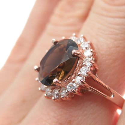 925 Sterling Silver Rose Gold Plated Real Smoky Quartz & C Z Ring Size 7.5