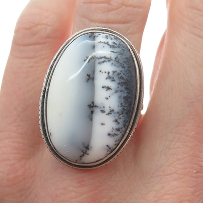 925 Sterling Silver Vintage Real Dendritic Agate Gemstone Ring Size 7.5