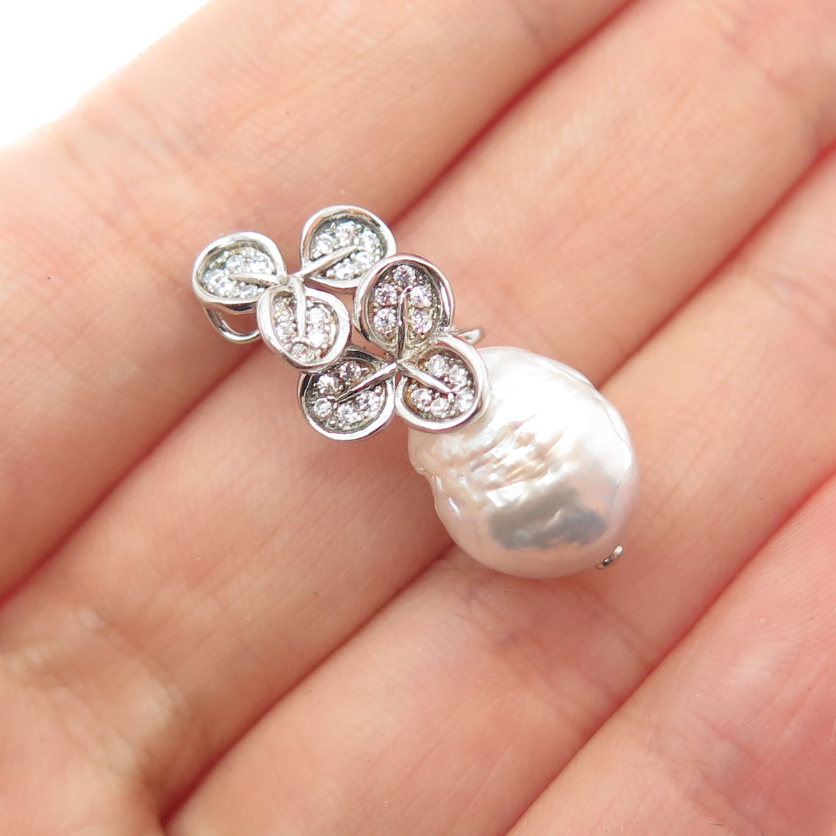 925 Sterling Silver Real Baroque Pearl & C Z Floral Charm Pendant