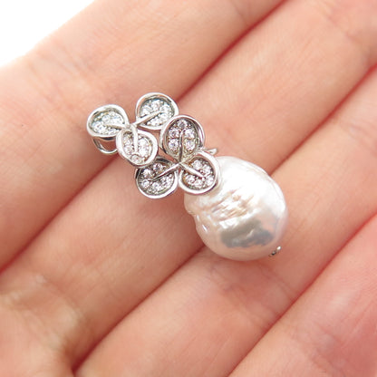 925 Sterling Silver Real Baroque Pearl & C Z Floral Charm Pendant