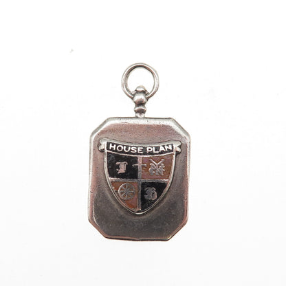 925 Sterling Silver Antique Art Deco Enamel House Plan Coat of Arms Fob Pendant
