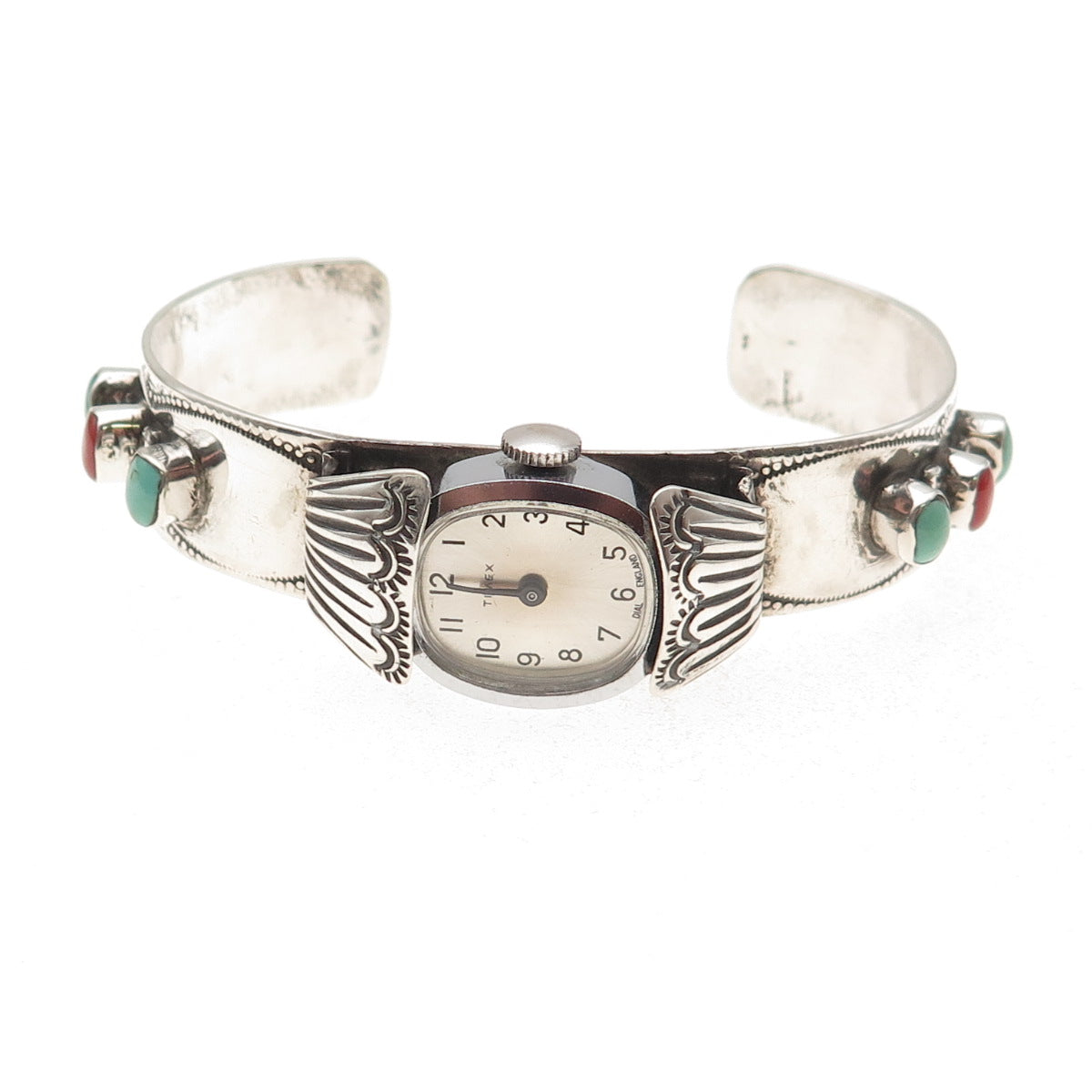 Willie Long Navajo Timex Watch Old Pawn Sterling Turquoise Coral Bracelet 5.75"