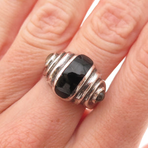 925 Sterling Silver Vintage Real Black Onyx Modernist Oxidized Ring Size 6.5