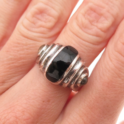 925 Sterling Silver Vintage Real Black Onyx Modernist Oxidized Ring Size 6.5