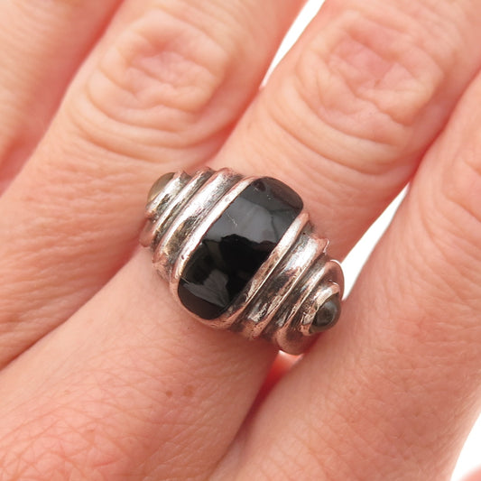 925 Sterling Silver Vintage Real Black Onyx Modernist Oxidized Ring Size 6.5
