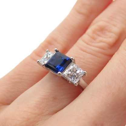 JCM Jacmel Mauritius 925 Sterling Princess-Cut Blue & White C Z Ring Size 5.25