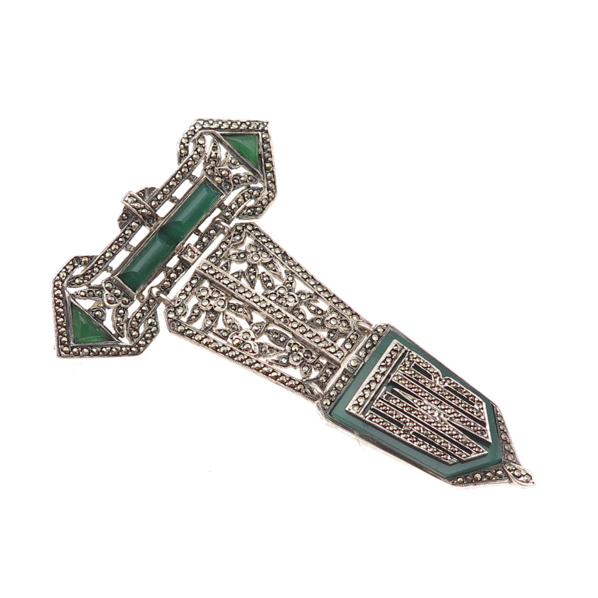 925 Sterling Antique Green Onyx Marcasite HWB Monogram Brooch (missing 9 stones)