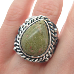 925 Sterling Silver Vintage Real Pear-Cut Unakite Heart Oxidized Ring Size 8.75