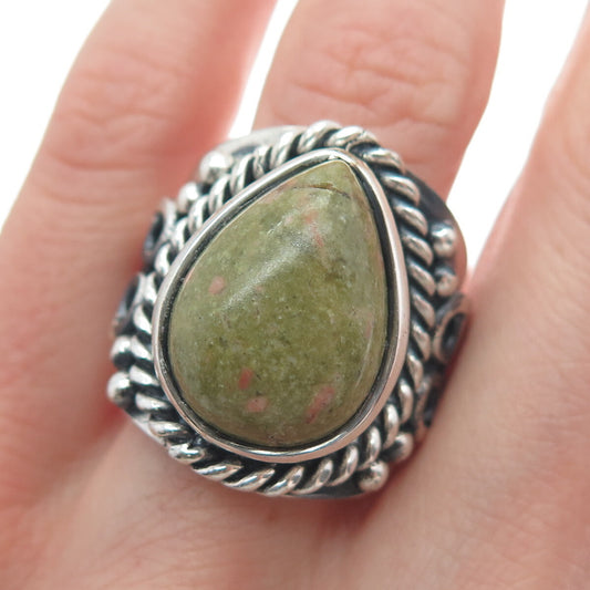 925 Sterling Silver Vintage Real Pear-Cut Unakite Heart Oxidized Ring Size 8.75