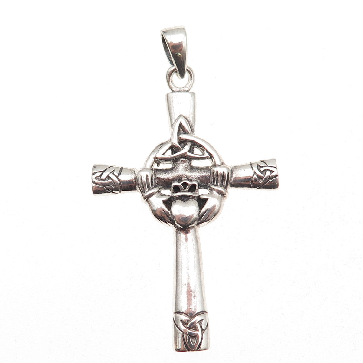 925 Sterling Silver Vintage Irish Claddagh Celtic Cross Oxidized Charm Pendant