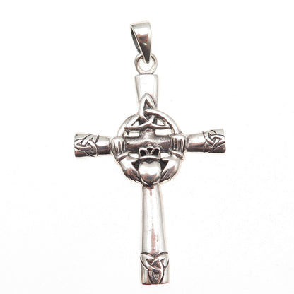 925 Sterling Silver Vintage Irish Claddagh Celtic Cross Oxidized Charm Pendant