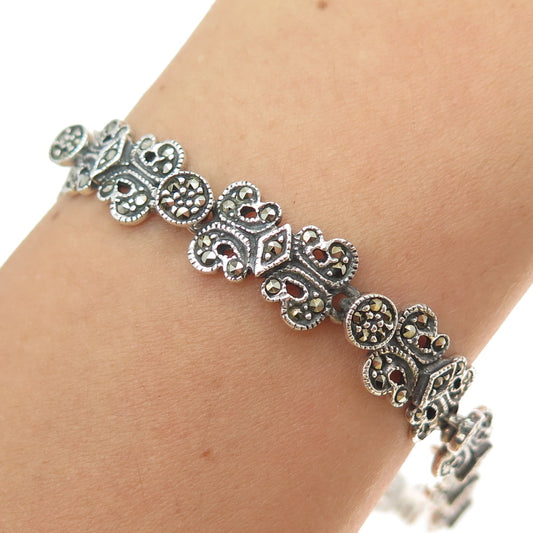 925 Sterling Silver Vintage Real Marcasite Art Deco Style Link Bracelet 6.5"