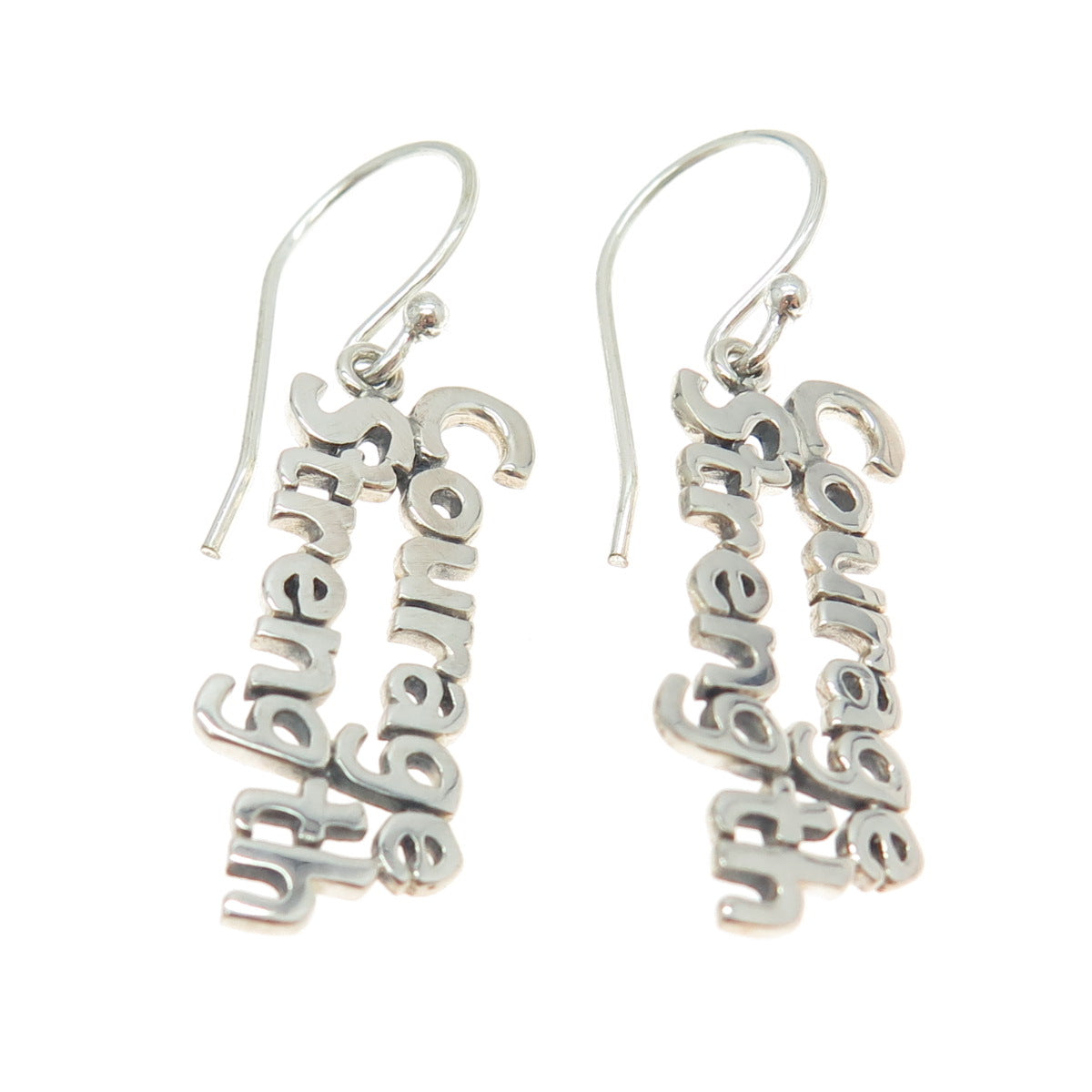 925 Sterling Silver "Courage Strength"  Dangling Earrings