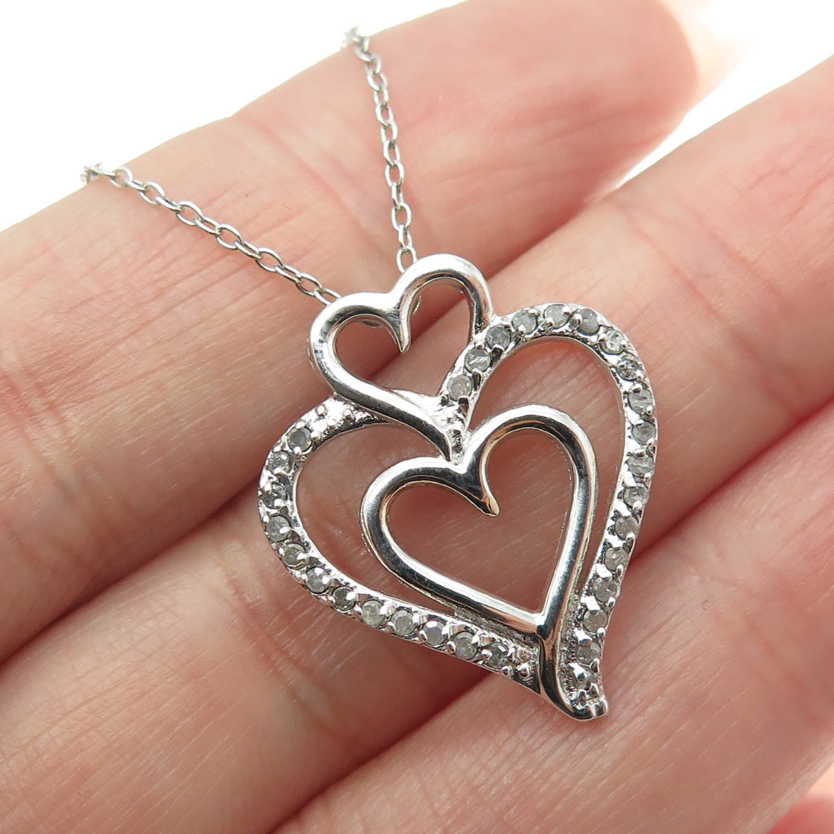 CHARLES WATSON Sterling Silver Real Round-Cut Diamond Heart Chain Necklace 18"