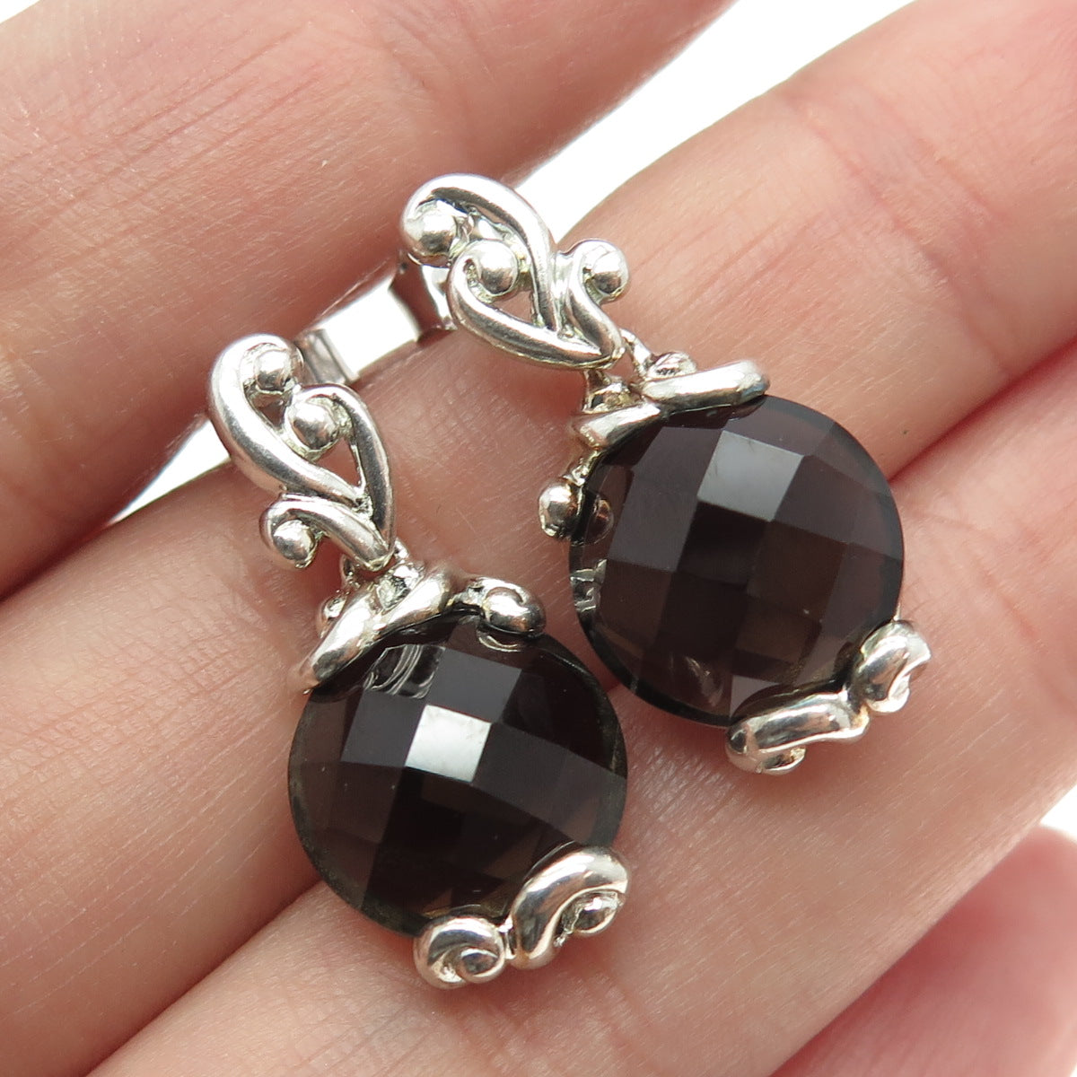 925 Sterling Silver Vintage Real Smoky Quartz Ornate Dangling Earrings