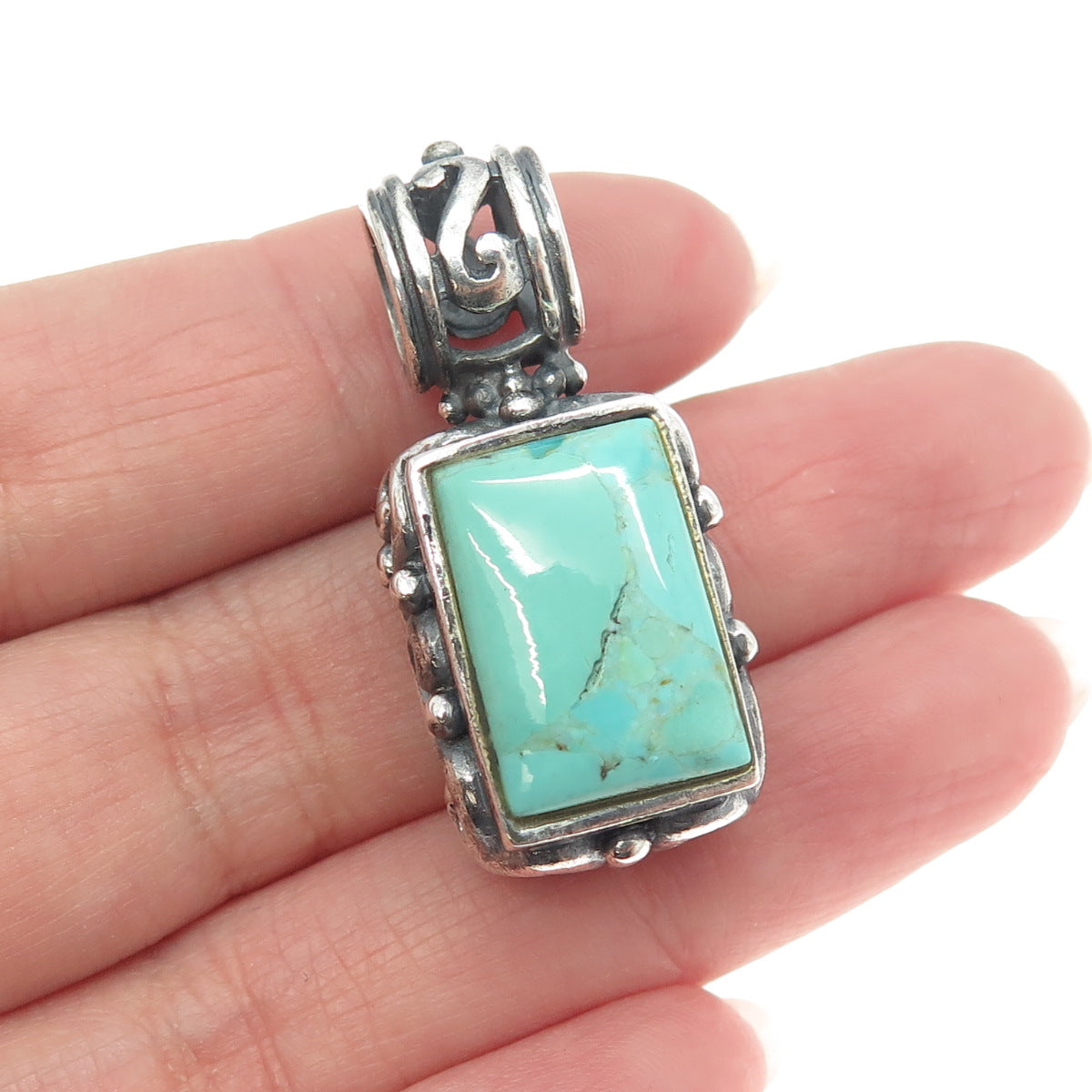 925 Sterling Silver Vintage Real Turquoise Gemstone Ornate Pendant