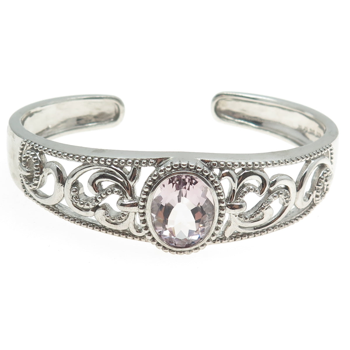 SAI 925 Sterling Silver Real Amethyst & C Z Swirl Adjustable Cuff Bracelet 7.25"