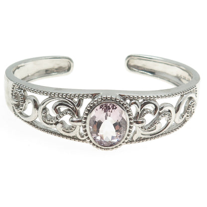 SAI 925 Sterling Silver Real Amethyst & C Z Swirl Adjustable Cuff Bracelet 7.25"