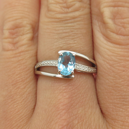 925 Sterling Silver Real Round-Cut Diamond & Blue Topaz Bypass Ring Size 6.75