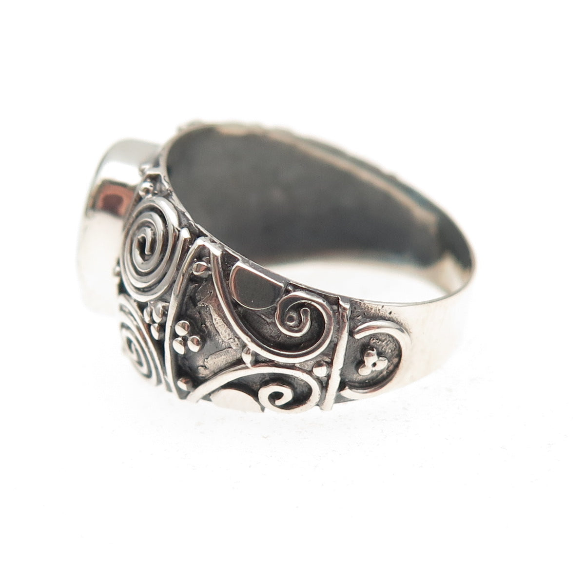 925 Sterling Silver Vintage Real Turquoise Spiral Oxidized Ring Size 6.75
