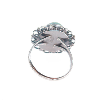 925 Sterling Silver Vintage Faux Turquoise Flower Oxidized Ring Size 5.5