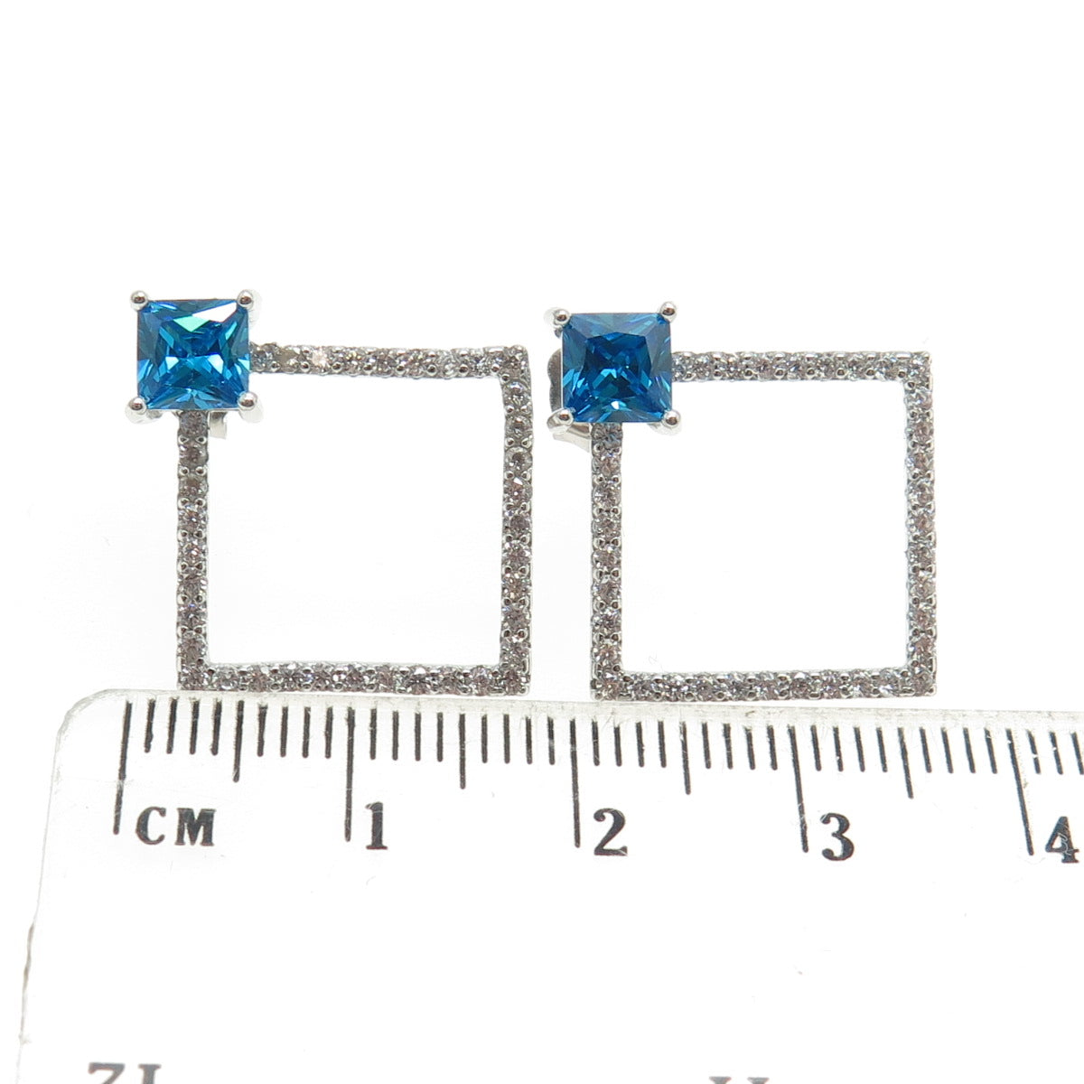 925 Sterling Silver Round & Princess-Cut white Blue C Z Square Earrings